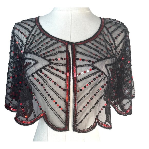 Vintage OS Style Red & Black Evening Sequin Cape Round Neckline Shrug - Picture 5 of 15
